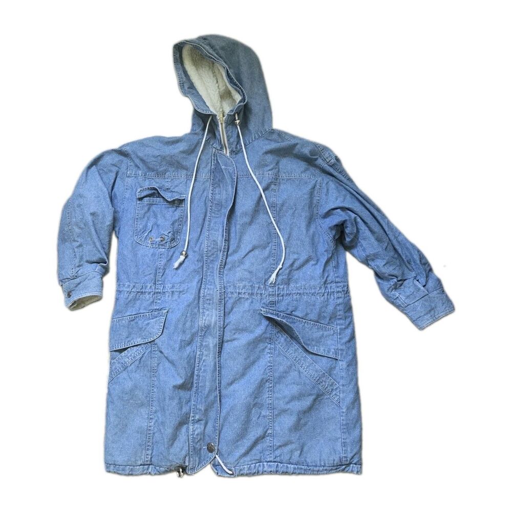 VTG Andy Johns Sherpa Lined Denim Parka Jacket Hooded Light Wash Blue Sz M GUC
